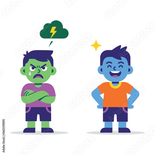 Mood Swings: A split illustration portrays two contrasting emotional states: the distress and dark of a person, and the bright satisfaction of another.