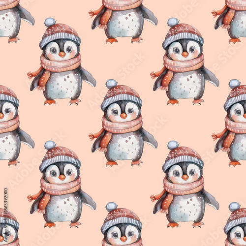 Cute little penguin in a cozy winter hat and scarf. Seamless pattern for winter-themed designs, Christmas cards, holiday decorations, children's illustrations. Penguin in red hat and scarf