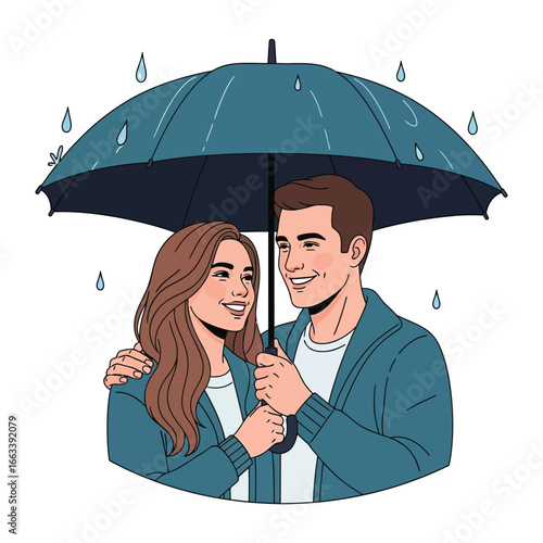Cozy Shelter in the Downpour: A pair of smiling individuals find refuge under a shared umbrella during a gentle rain shower, evoking the warmth of togetherness.