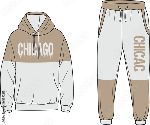 CAD drawing flat vector illustration of Chicago hoodie jogger set, dripping text design, beige white color block, casual fashion layout