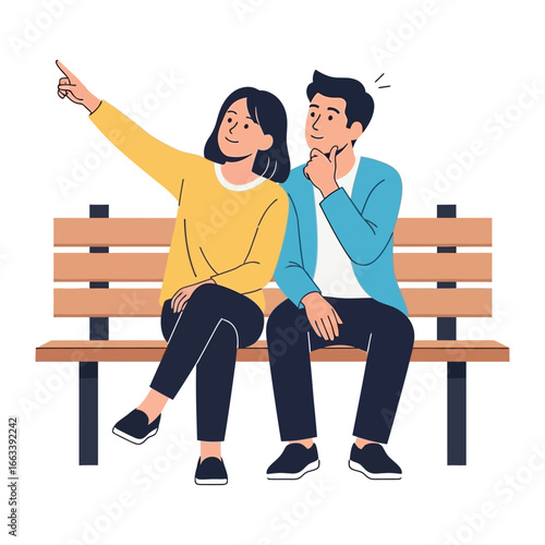 Couple Sitting on a Bench, Pointing: A couple, engrossed in a moment of discovery, are seated on a bench, the woman enthusiastically points to something intriguing while the man thoughtfully ponders.