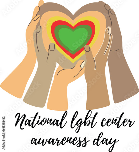 Diverse hands holding a colorful layered heart symbolizing unity, equality, and love for National LGBT Center Awareness Day, promoting support and inclusivity.
