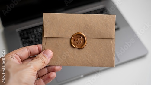 Wallpaper Mural Hand holding brown envelope with wax seal over laptop image Torontodigital.ca