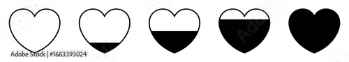Love meter, loading indicator, love sensor concept with black heart. Heart icons set from empty to full. Measurement of lives for games. Vector illustration.