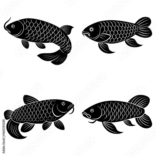 Four stylized black and white fish illustrations with detailed scales and fins swimming together nicely