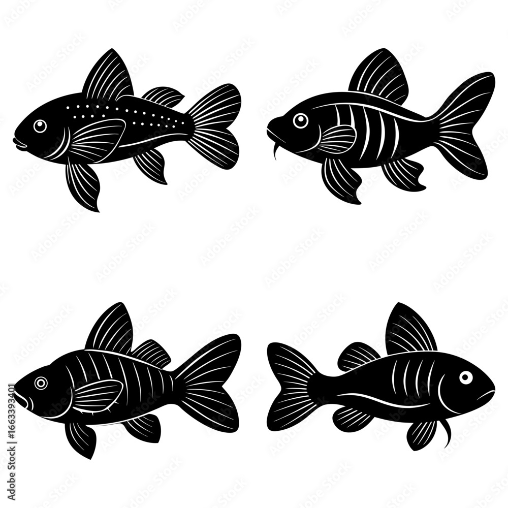 Naklejka premium Four black and white fish illustrations with varying patterns and fin designs in a square format