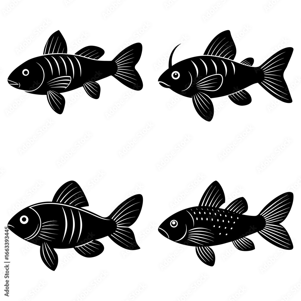 Fototapeta premium Illustration of four black fish with fins and tails in varying designs on a white background