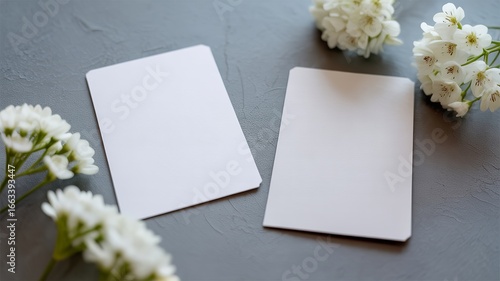 Two blank white cards placed on a textured grey surface, surrounded by delicate white flowers, suggesting a space for messages, invitations, or notes