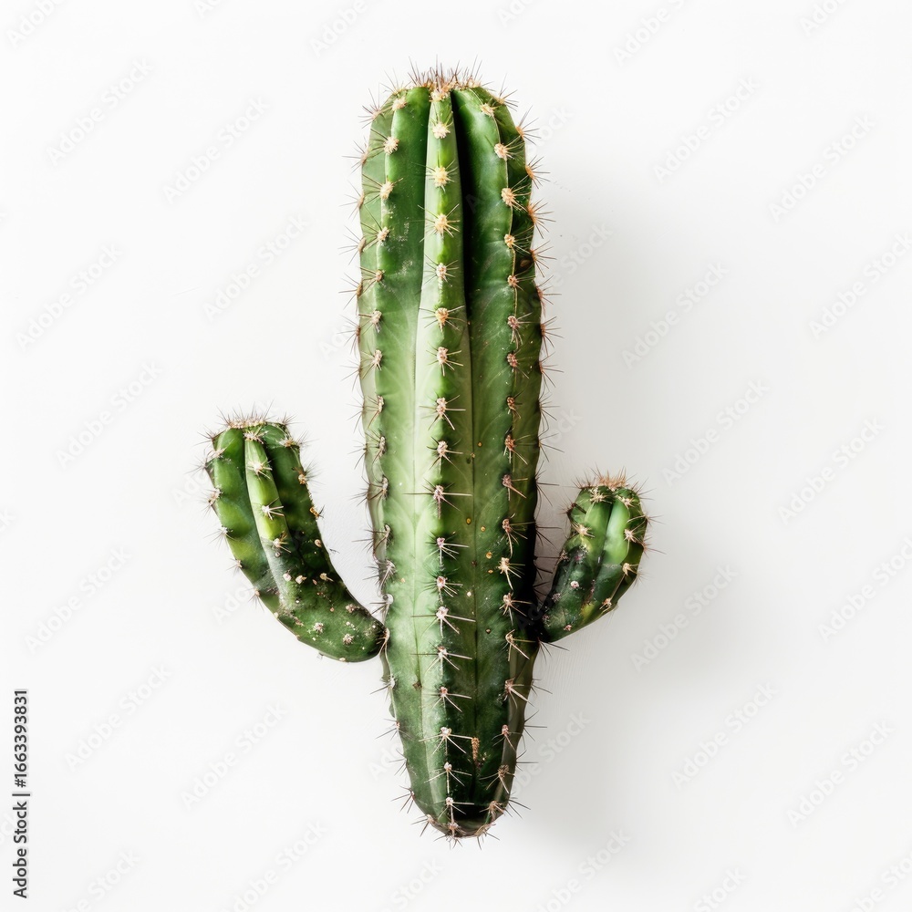 Naklejka premium A single, vibrant green cactus, vertically oriented, against a plain white background