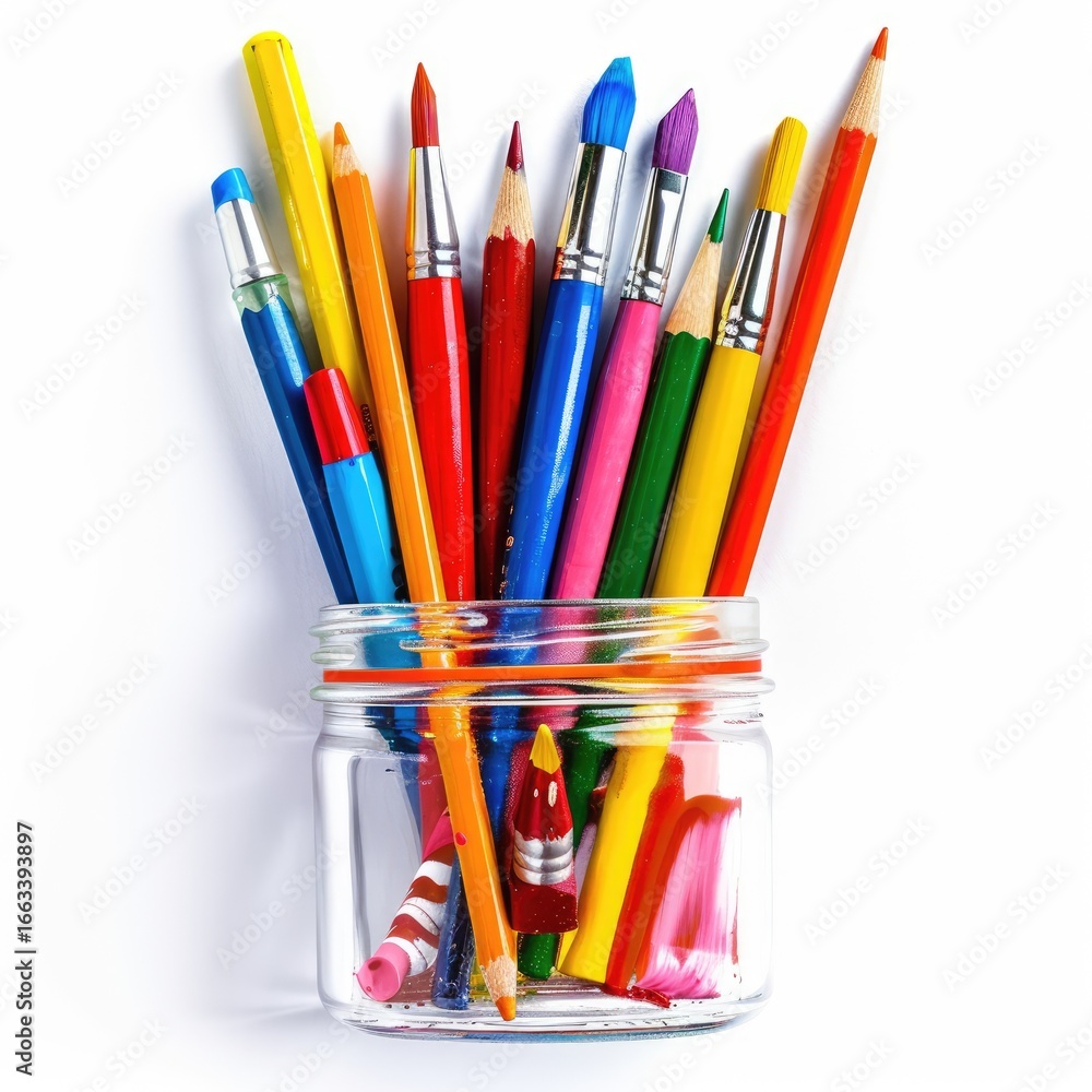 Fototapeta premium Colorful art supplies in a clear glass jar