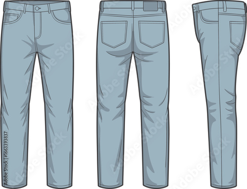 Classic Denim Jeans, Front Back Side View, Fashion Design, Apparel Sketch, Pocket Details, Technical Garment Drawing Template CAD Drawing Flat Vector Illustration