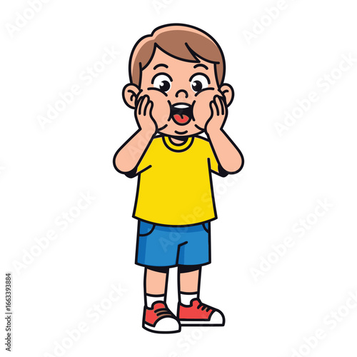 Cheeky Surprise: A cartoon illustration of a little boy with both hands on his cheeks, a moment of surprise. 