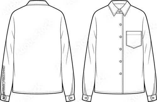 Classic Long Sleeve Shirt Design, Pointed Collar, Patch Pockets, Stitching Details, Fashion Sketch Layout Views CAD Drawing Flat Vector Illustration