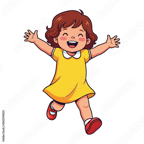 Joyful Child's Embrace: A lively illustration of a young, happy child, her arms outstretched in a gesture of pure glee and excitement. the vibrant colors capture the spirit of innocent joy.