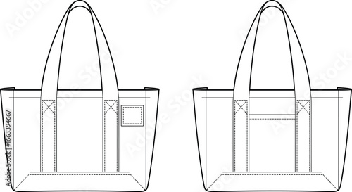 Cad drawing flat vector illustration of classic tote bag, large canvas handbag, simple design, versatile carryall, casual accessory, durable material, fashion staple, everyday use