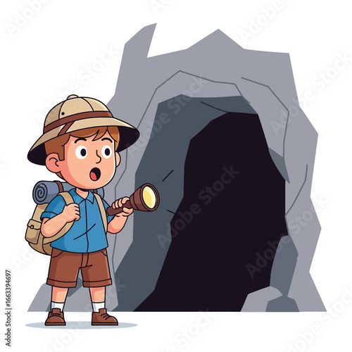 Young Explorer Unveiling Secrets: A curious young explorer, equipped with a hat and a flashlight, stands before a dark cave entrance, ready to embark on an adventure.