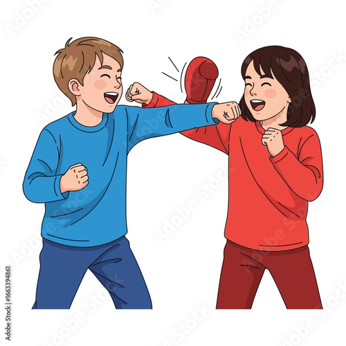 Joyful Boxing Match: Two cheerful kids engaged in a spirited boxing match, full of laughter and fun, with playful punches.