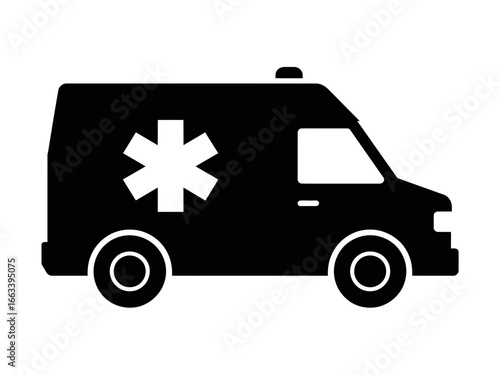 Black silhouette of an ambulance with a white star of life emblem isolated on white background silhouette