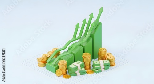 Green upward trending graph with arrows surrounded by stacks of gold coins and bundles of banknotes, representing financial growth.