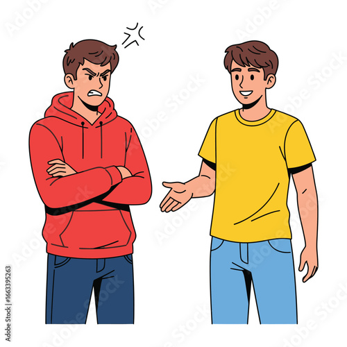 Conflict and Resolution: A vibrant illustration capturing the nuances of interpersonal dynamics. A man in a red hoodie stands defiantly with crossed arms, mirroring inner turmoil.