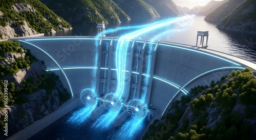Futuristic hydroelectric dam with glowing blue energy streams flowing through turbines and into the river below, surrounded by mountains.