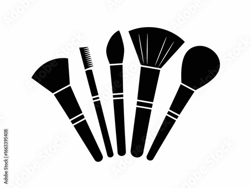 Collection of five black makeup brushes in a fan shape silhouette isolated on white background