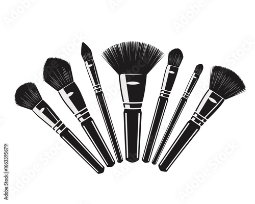 Collection of black makeup brushes arranged in a fan shape silhouette isolated on white background