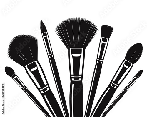 Collection of black makeup brushes silhouette isolated on white background