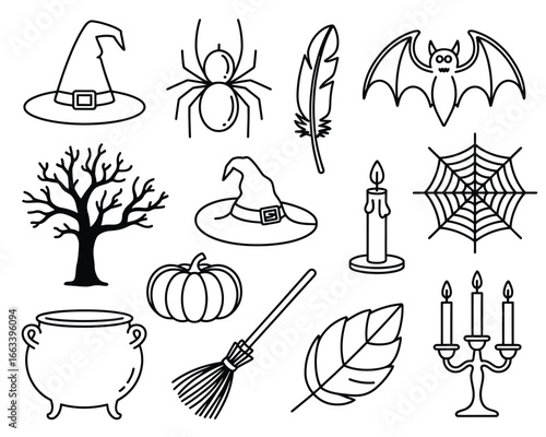 Collection of halloween icons including a witch hat spider bat and pumpkin silhouette isolated on white background