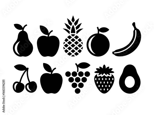 Collection of assorted fruit silhouettes including apple pear banana pineapple grapes and strawberry isolated on white background