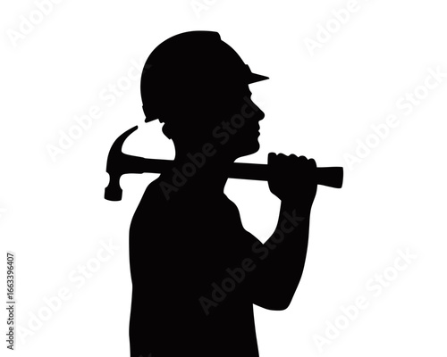 Silhouette of a construction worker holding a hammer over his shoulder isolated on white background