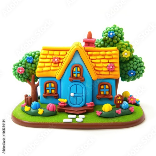 Colorful miniature clay house with garden.  Small, whimsical, detailed, and brightly colored house on a base with landscaping.  Features a yellow-orange roof, blue walls, and decorative elements