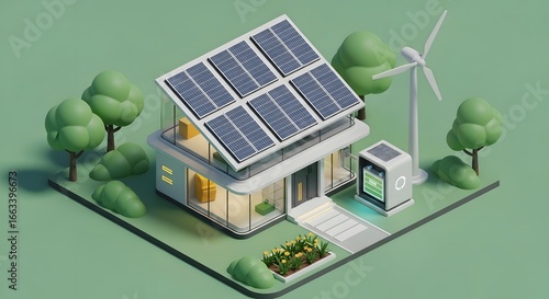 Isometric view of a modern house with solar panels, a wind turbine, and a battery, representing sustainable and eco-friendly living.