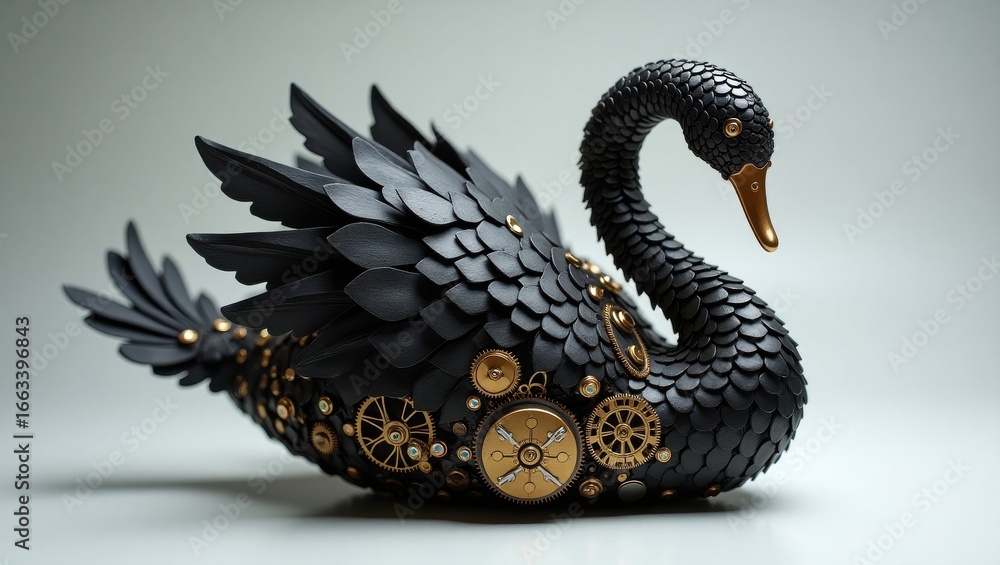 Naklejka premium Intricate steampunk black swan sculpture with gears and clockwork details
