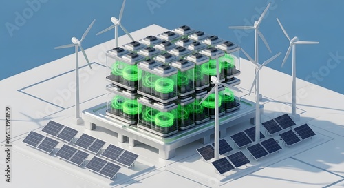 Sustainable energy facility with solar panels, wind turbines, and green technology.