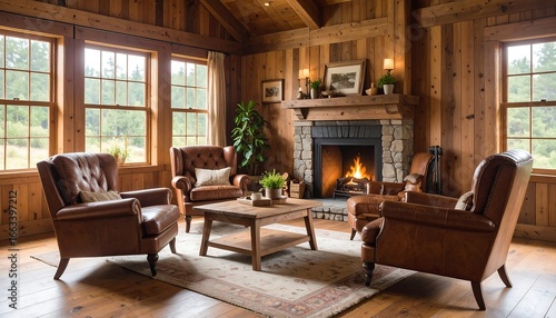 Wallpaper Mural Cozy living room with fireplace and large windows Torontodigital.ca