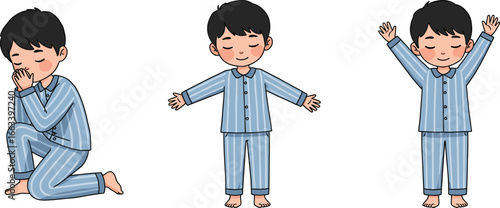 Cute cartoon boy in blue pajamas praying, meditating, and stretching, peaceful bedtime routine illustration, calm night preparation, children’s sleep habits design