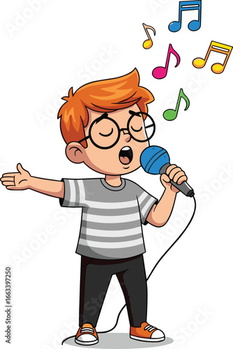 Cute cartoon boy singing with microphone, colorful music notes illustration, performing child character, kids talent show drawing, joyful music art design