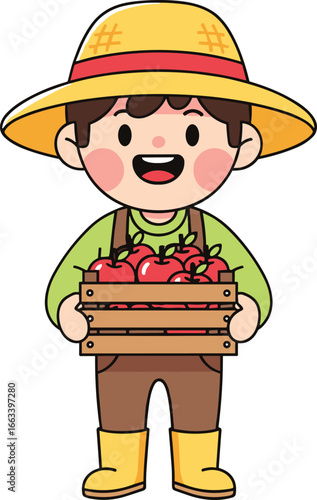 Cute cartoon farmer boy holding wooden crate of fresh red apples, wearing straw hat, green shirt, brown pants, yellow boots, smiling happily