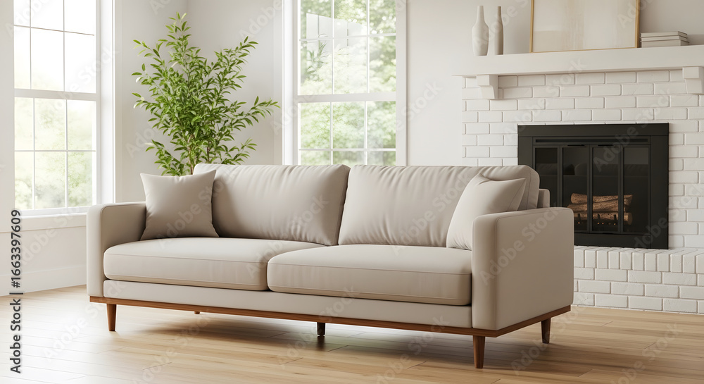 Fototapeta premium Modern beige sofa with wooden legs in a sunlit living room with a white brick fireplace
