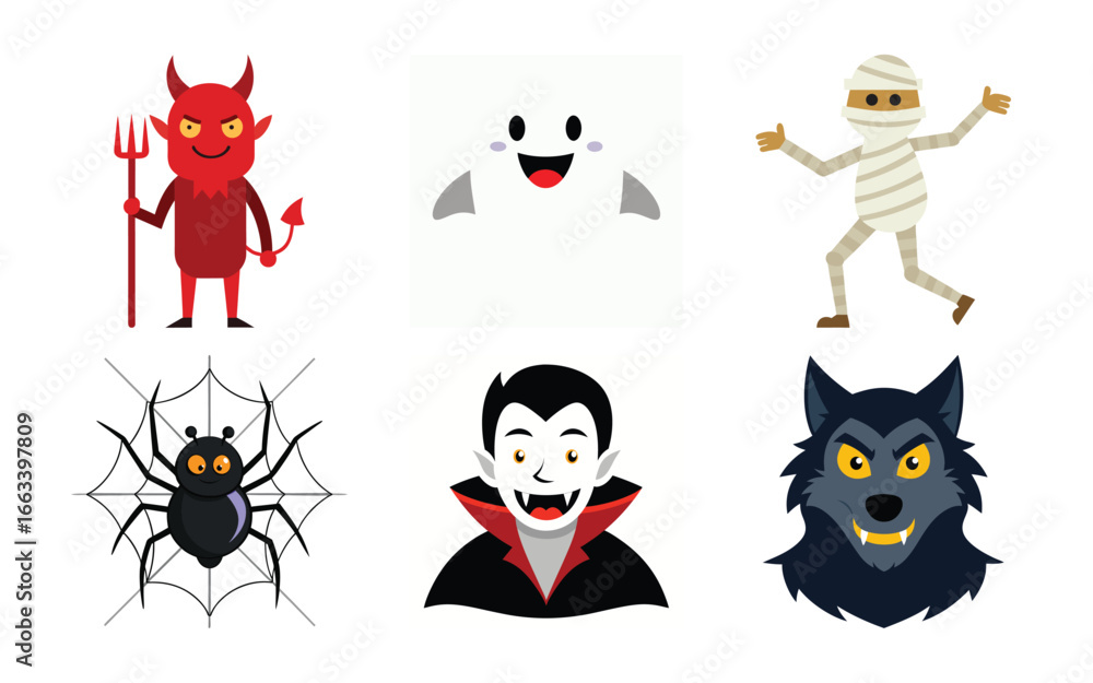 Obraz premium Vector art of halloween character icons including a devil with pitchfork, ghost face, mummy, spider on web, vampire, and werewolf head