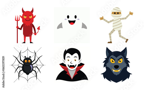 Vector art of halloween character icons including a devil with pitchfork, ghost face, mummy, spider on web, vampire, and werewolf head