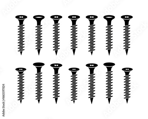 Collection of black silhouette wood screws isolated on white background