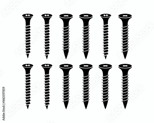Collection of twelve black screw silhouettes arranged in two rows isolated on white background