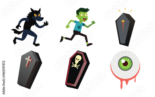 Vector art of halloween monsters and symbols including a werewolf, zombie, coffins, and a dripping eyeball