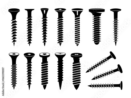 Collection of various screw silhouettes isolated on white background