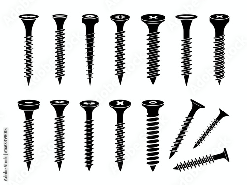 Collection of various screw silhouettes isolated on white background