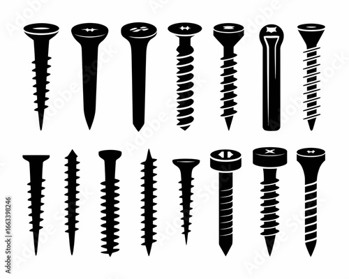 Collection of various screw and nail silhouettes isolated on white background