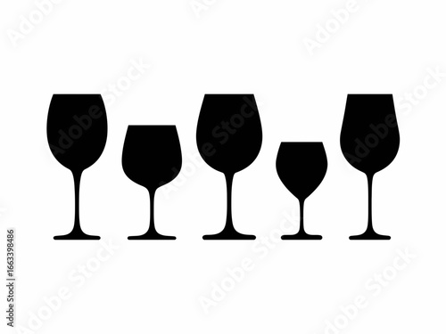 Collection of five different sized wine glasses in silhouette isolated on white background