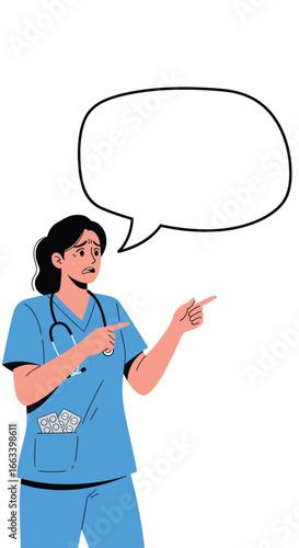 Female medical professional with stethoscope and speech bubble expressing concern
